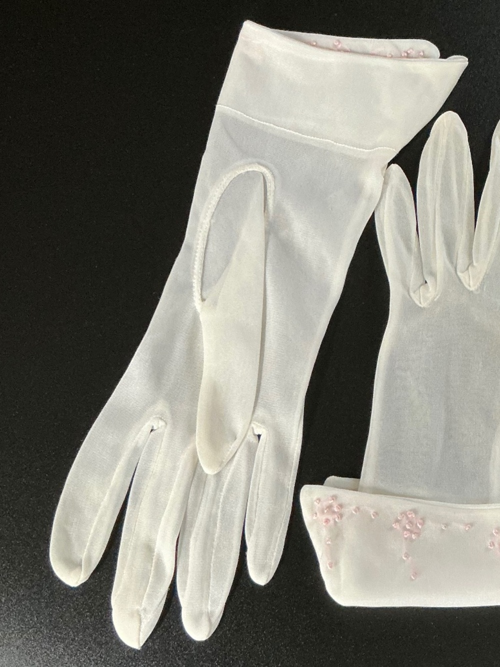 Vintage Ivory Organza Gloves Formal Wedding Bridal Prom Pink Accents - Picture 5 of 14